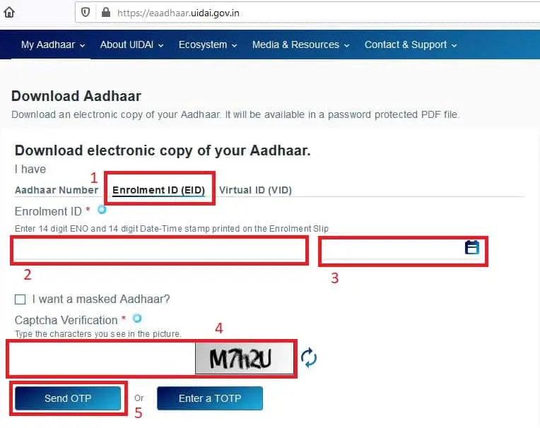 Aadhaar Download Enrolment ID (EID)